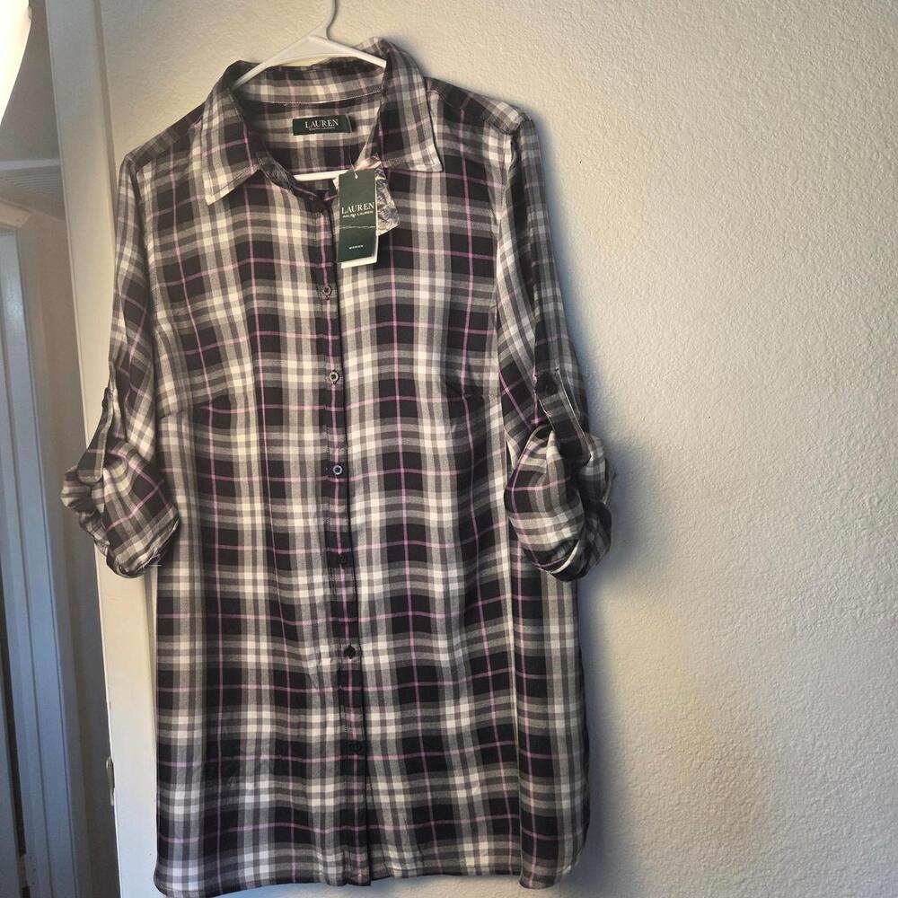 Ralph Lauren black, white, and purple plaid button-up shirt in size 1X. Brand ne